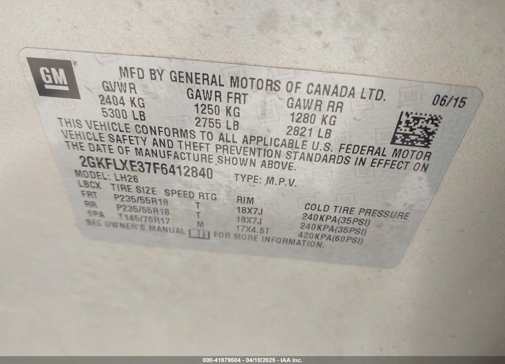 2015 GMC TERRAIN VIN: 2GKFLXE37F6412840