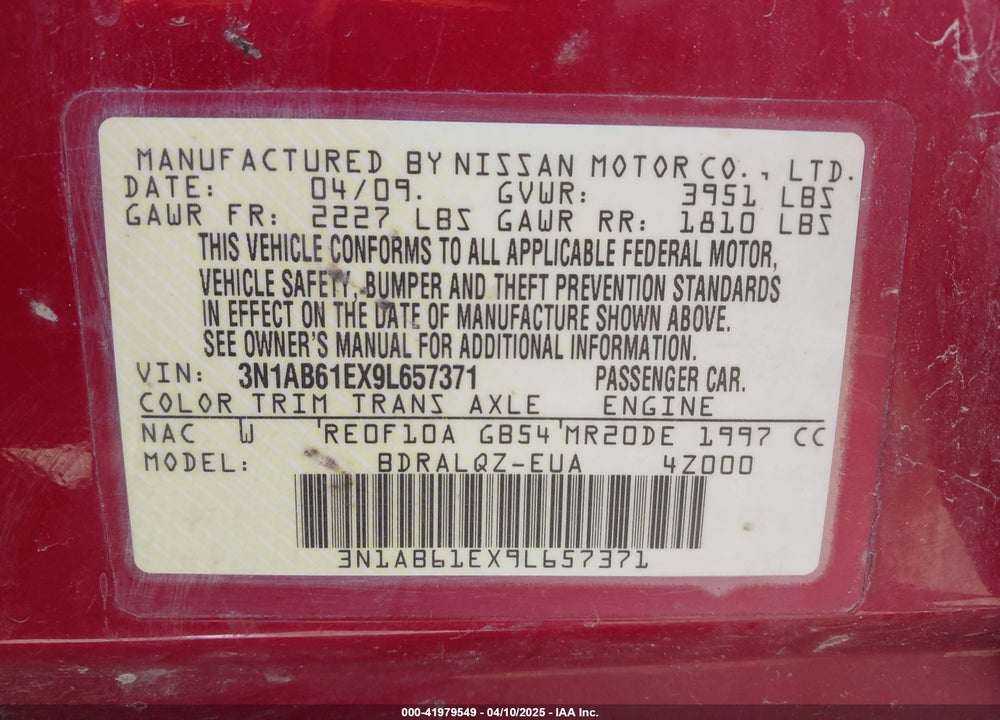 2009 NISSAN SENTRA 2.0 VIN: 3N1AB61EX9L657371