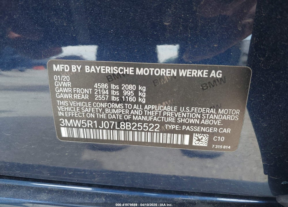 2020 BMW 330I VIN: 3MW5R1J07L8B25522