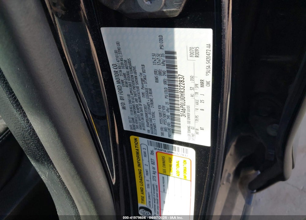 2017 FORD FUSION HYBRID SE VIN: 3FA6P0LU0HR322837
