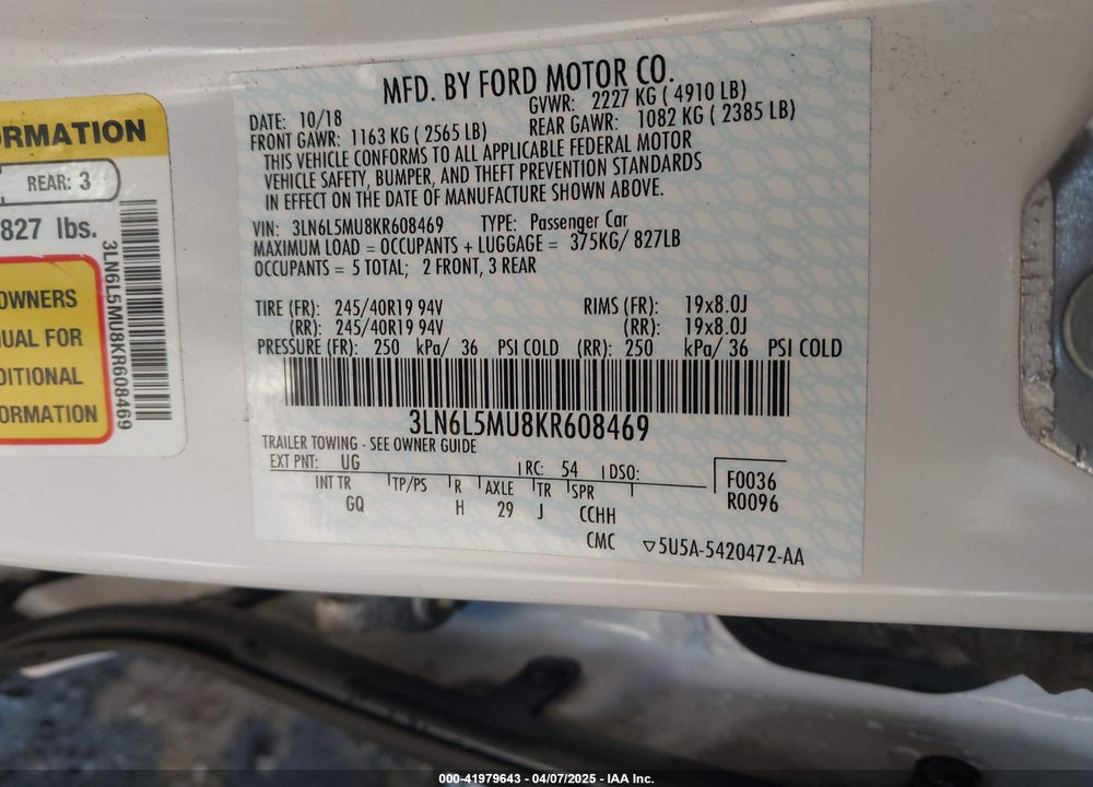 2019 LINCOLN MKZ VIN: 3LN6L5MU8KR608469