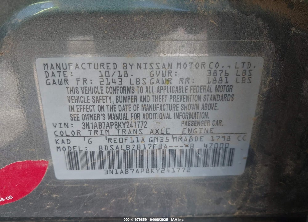 2019 NISSAN SENTRA VIN: 3N1AB7AP8KY241772