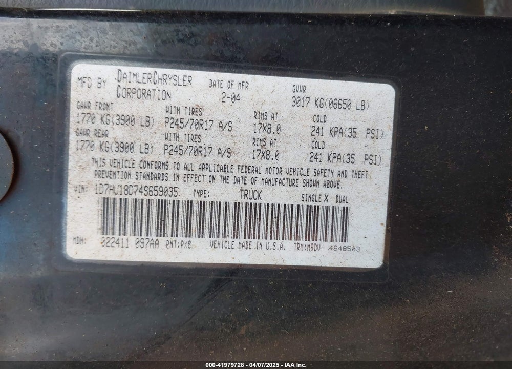 2004 DODGE RAM 1500 SLT/LARAMIE VIN: 1D7HU18D74S659035