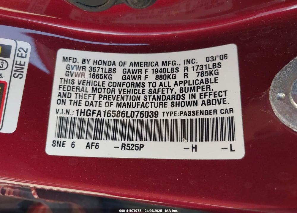 2006 HONDA CIVIC LX VIN: 1HGFA16586L076039