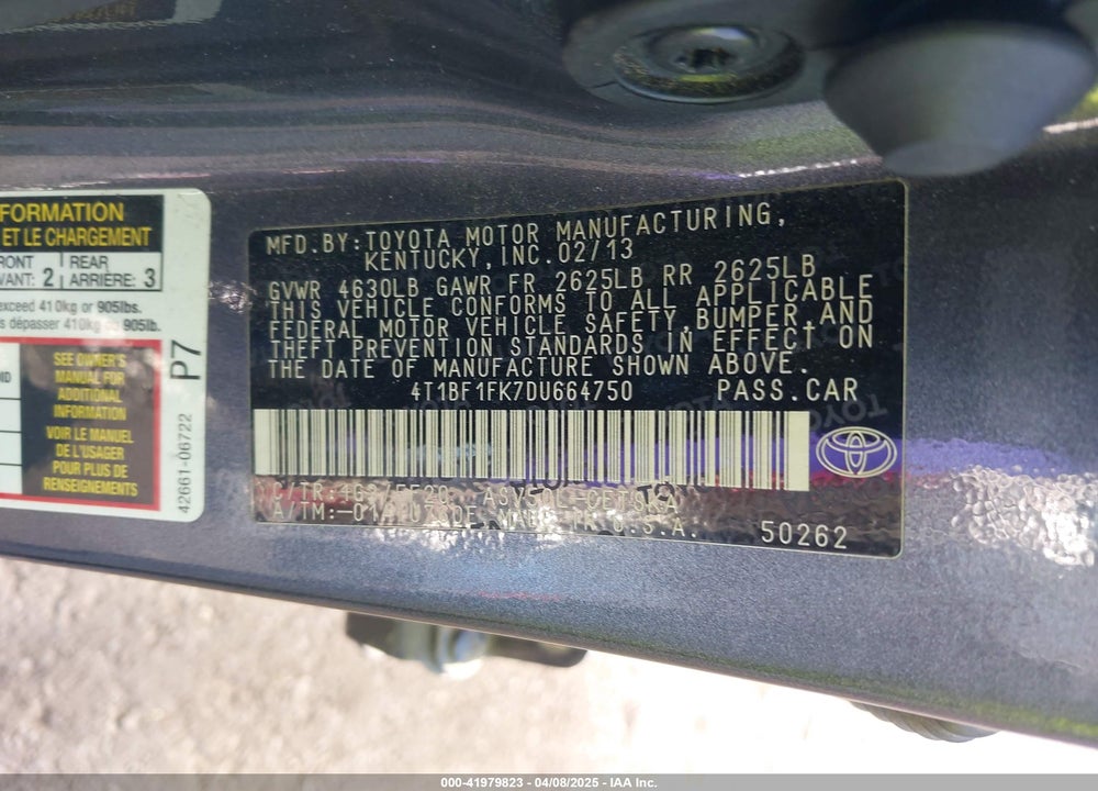 2013 TOYOTA CAMRY VIN: 4T1BF1FK7DU664750