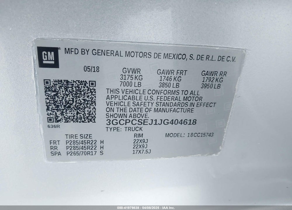 2018 CHEVROLET SILVERADO VIN: 3GCPCSEJ1JG404618