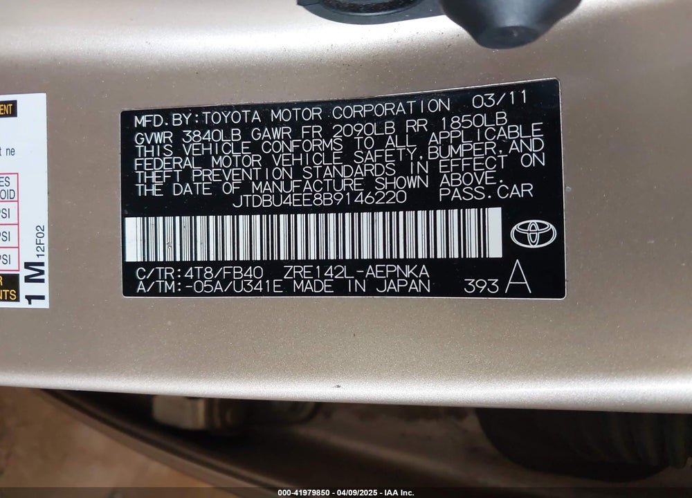 2011 TOYOTA COROLLA LE VIN: JTDBU4EE8B9146220