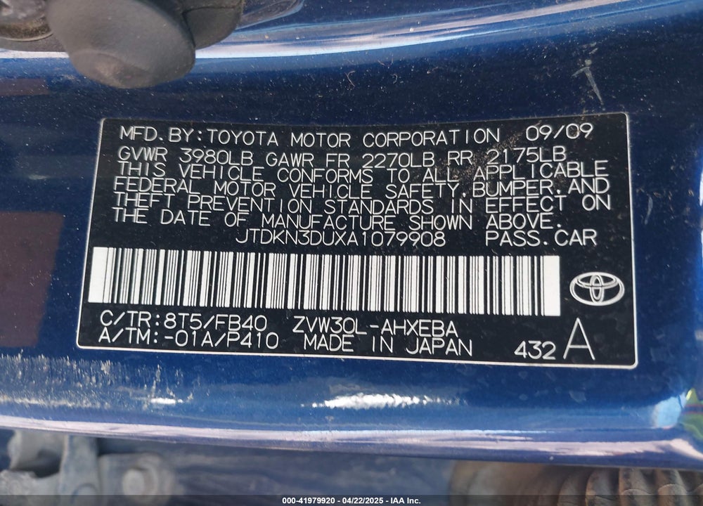 2010 TOYOTA PRIUS VIN: JTDKN3DUXA1079908