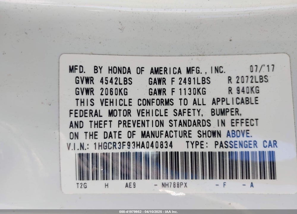 2017 HONDA ACCORD VIN: 1HGCR3F93HA040834