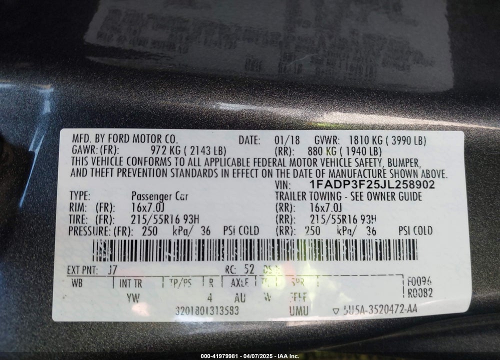 2018 FORD FOCUS SE VIN: 1FADP3F25JL258902