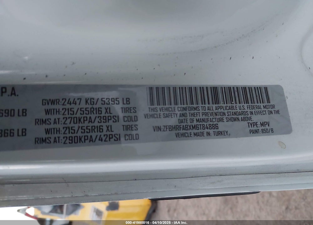 2021 RAM PROMASTER CITY VIN: ZFBHRFABXM6T84886