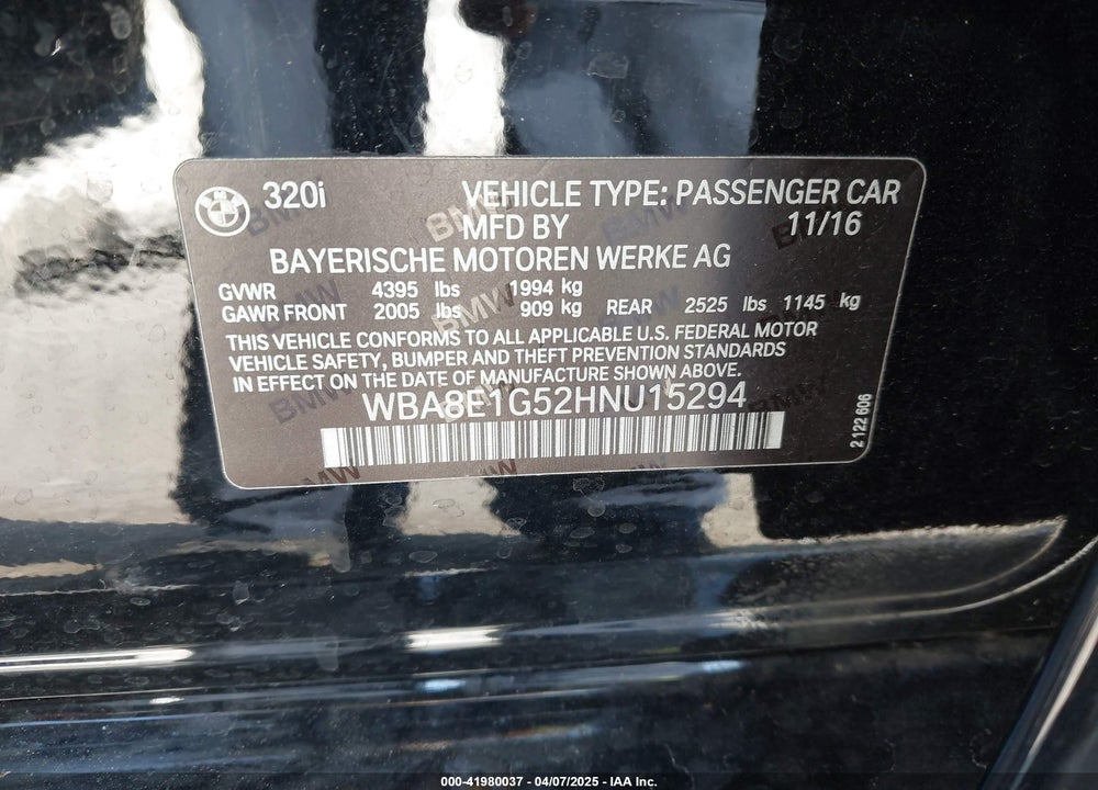 2017 BMW 320I VIN: WBA8E1G52HNU15294