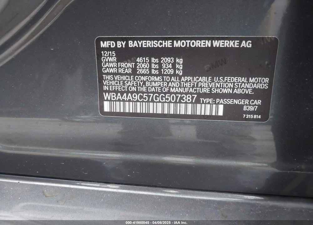 2016 BMW 4 SERIES VIN: WBA4A9C57GG507387