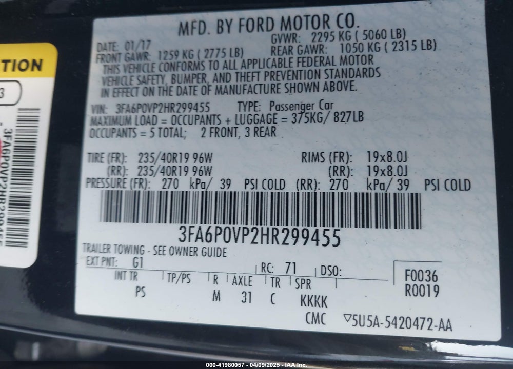2017 FORD FUSION SPORT VIN: 3FA6P0VP2HR299455