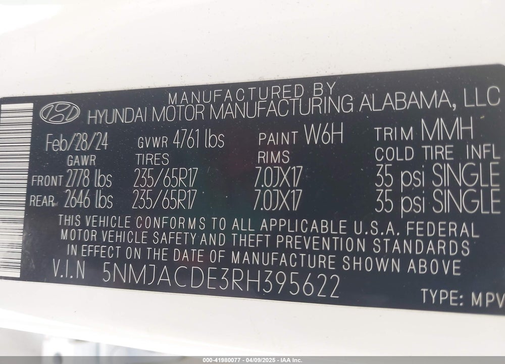2024 HYUNDAI TUCSON SE VIN: 5NMJACDE3RH395622
