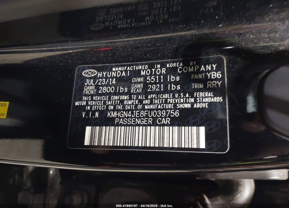 2015 HYUNDAI GENESIS VIN: KMHGN4JE8FU039756