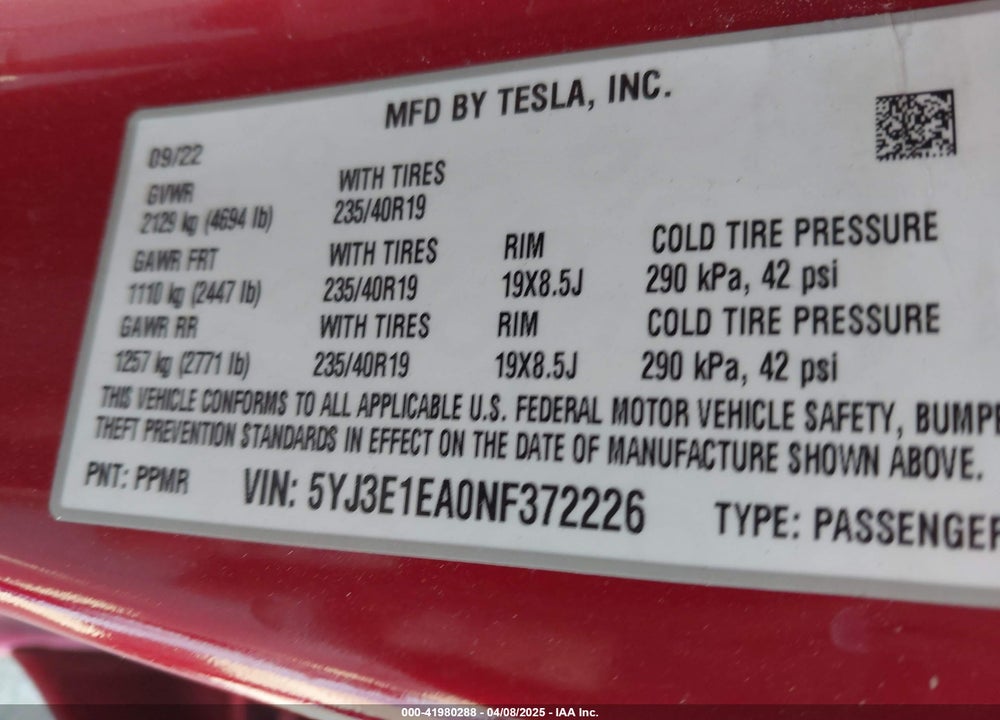 2022 TESLA MODEL 3 VIN: 5YJ3E1EA0NF372226