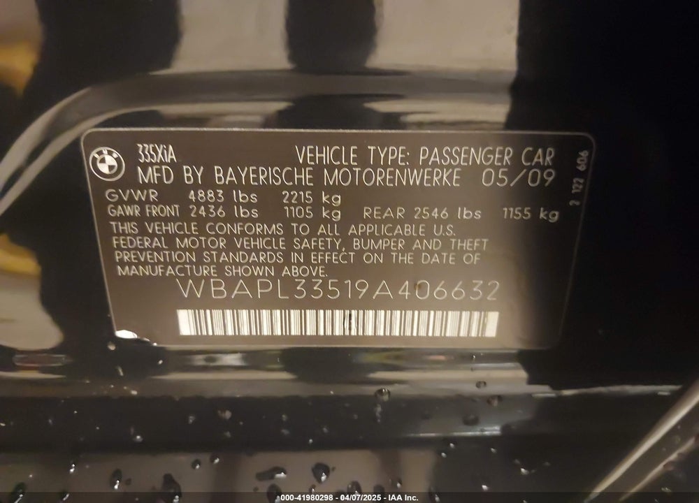 2009 BMW 335I VIN: WBAPL33519A406632