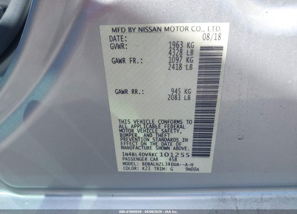 2019 NISSAN ALTIMA 2.5 SV VIN: 1N4BL4DV4KC101255
