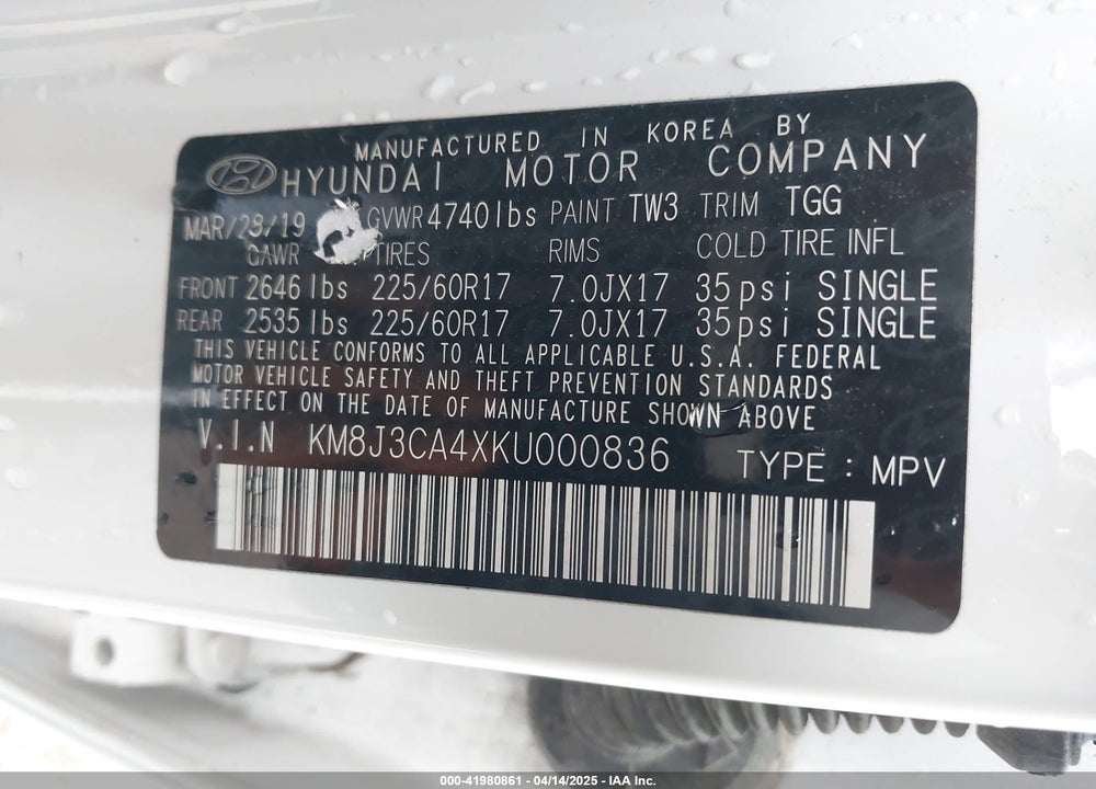 2019 HYUNDAI TUCSON VALUE VIN: KM8J3CA4XKU000836