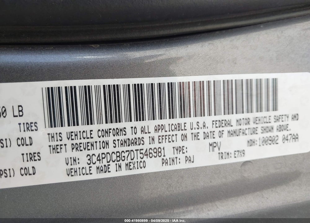 2013 DODGE JOURNEY VIN: 3C4PDCBG7DT546981