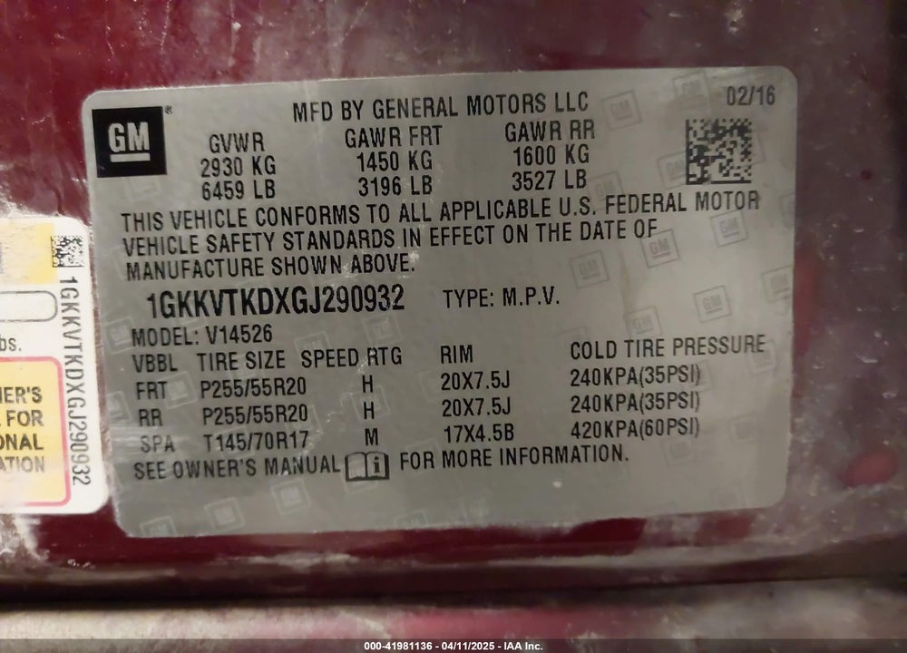 2016 GMC ACADIA DEN VIN: 1GKKVTKDXGJ290932