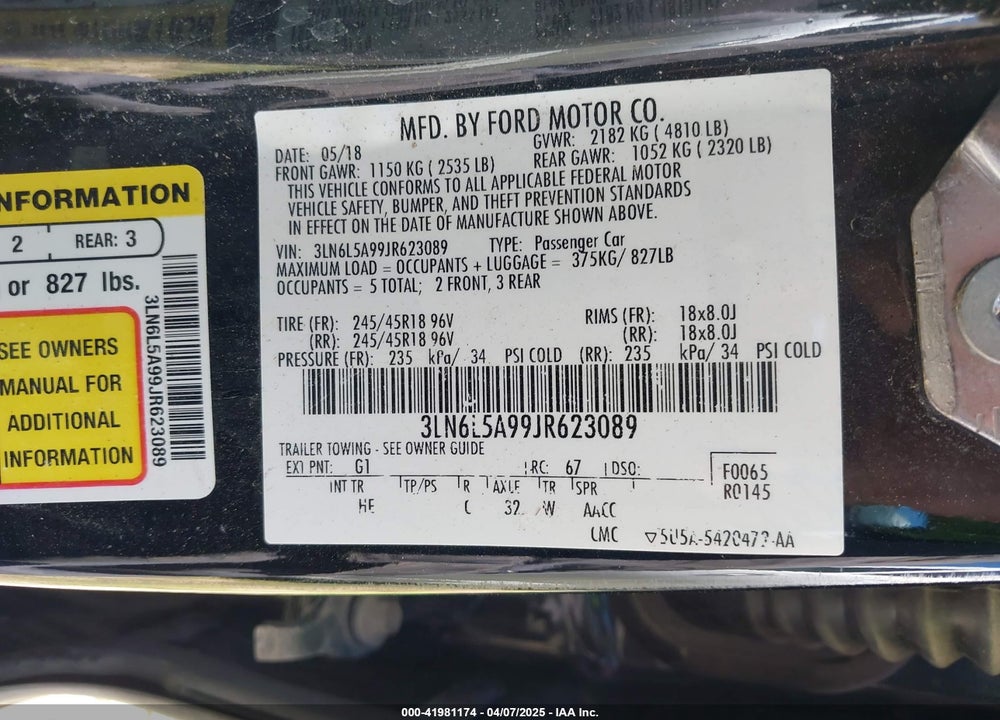 2018 LINCOLN MKZ VIN: 3LN6L5A99JR623089