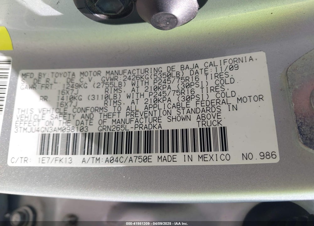 2010 TOYOTA TACOMA VIN: 3TMJU4GN3AM098103
