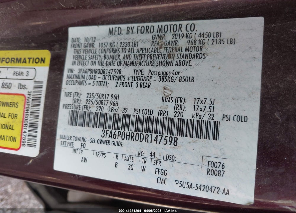 2013 FORD FUSION VIN: 3FA6P0HR0DR147598