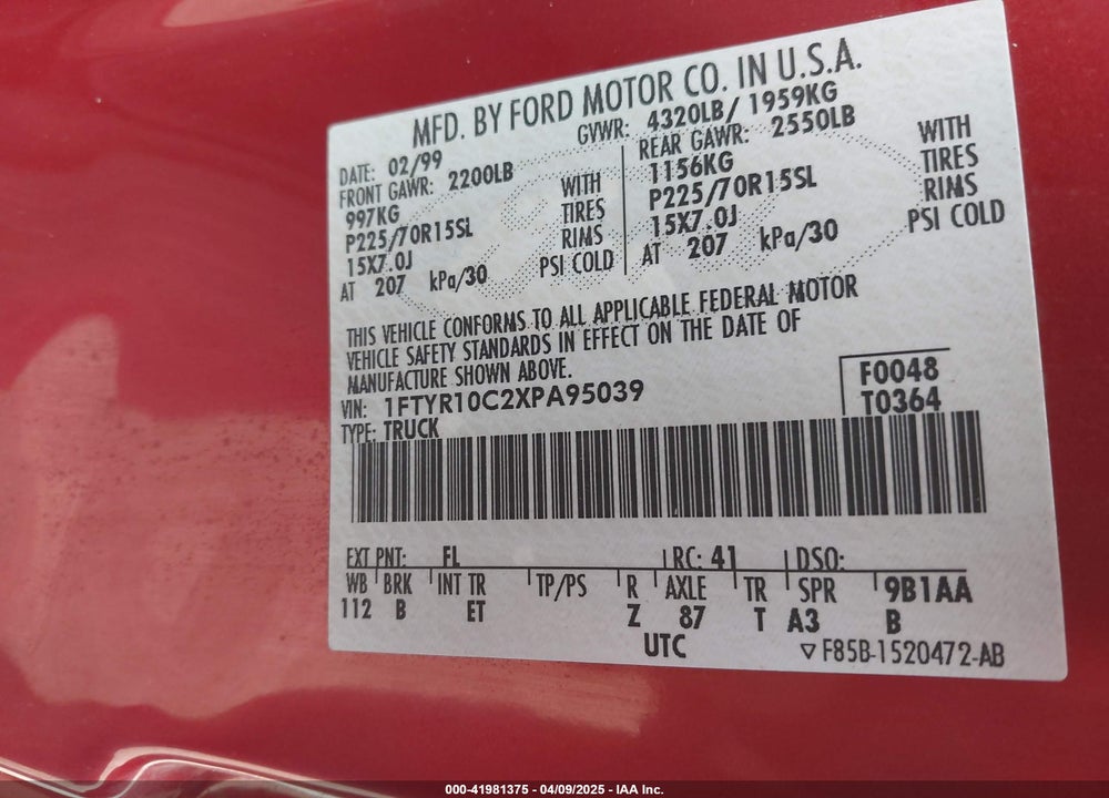 1999 FORD RANGER VIN: 1FTYR10C2XPA95039