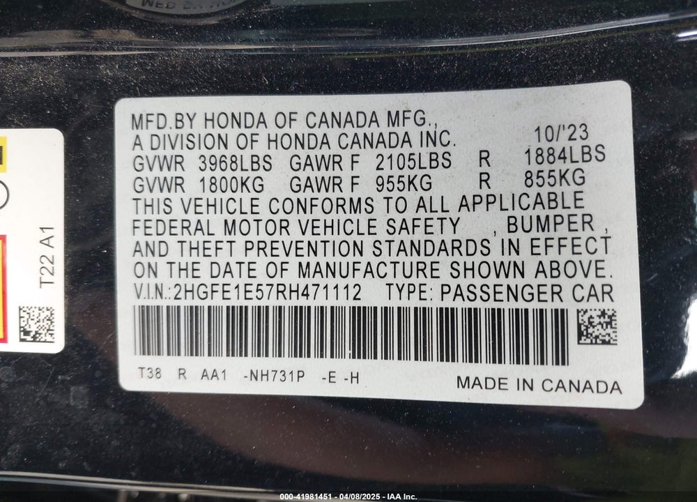 2024 HONDA CIVIC SI SEDAN VIN: 2HGFE1E57RH471112