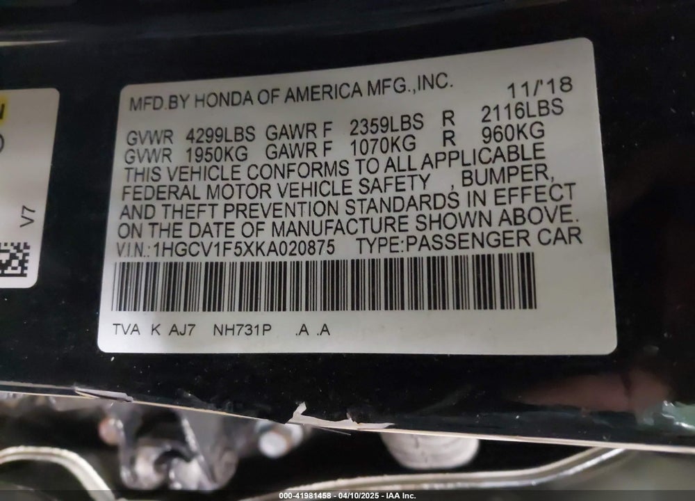 2019 HONDA ACCORD VIN: 1HGCV1F5XKA020875
