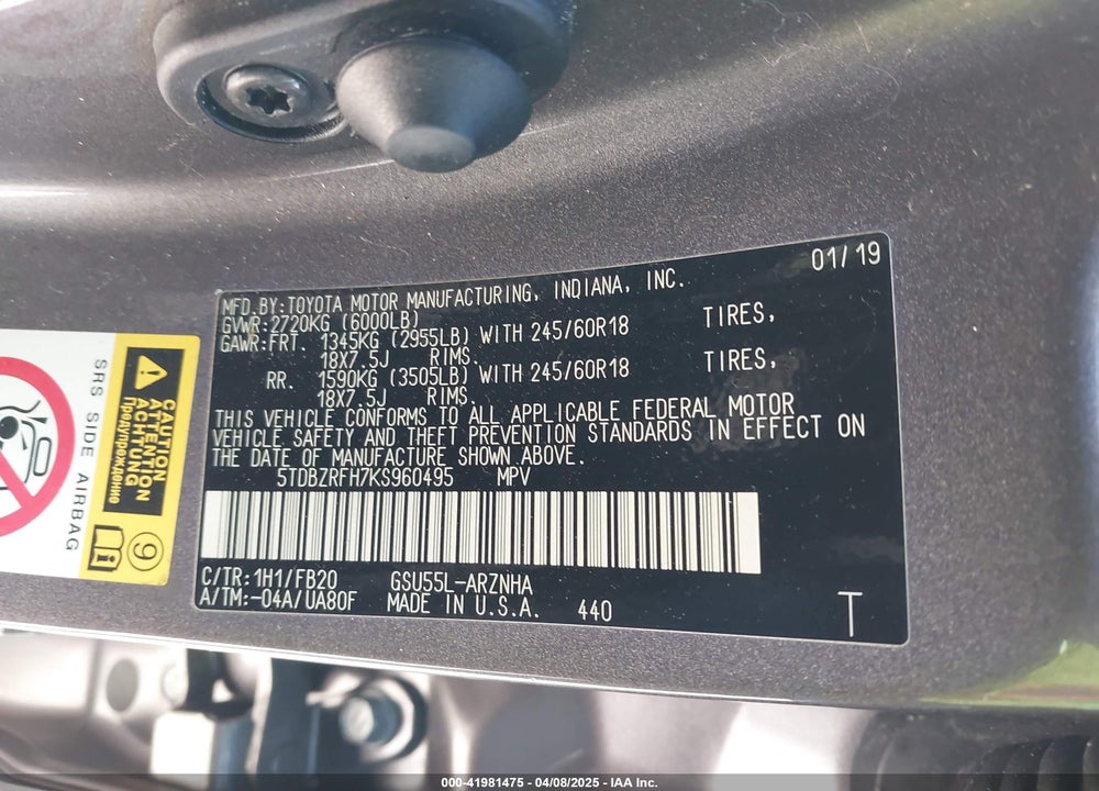 2019 TOYOTA HIGHLANDER VIN: 5TDBZRFH7KS960495