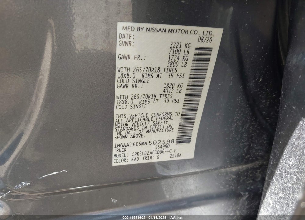 2021 NISSAN TITAN SV 4X2 VIN: 1N6AA1EE5MN502598