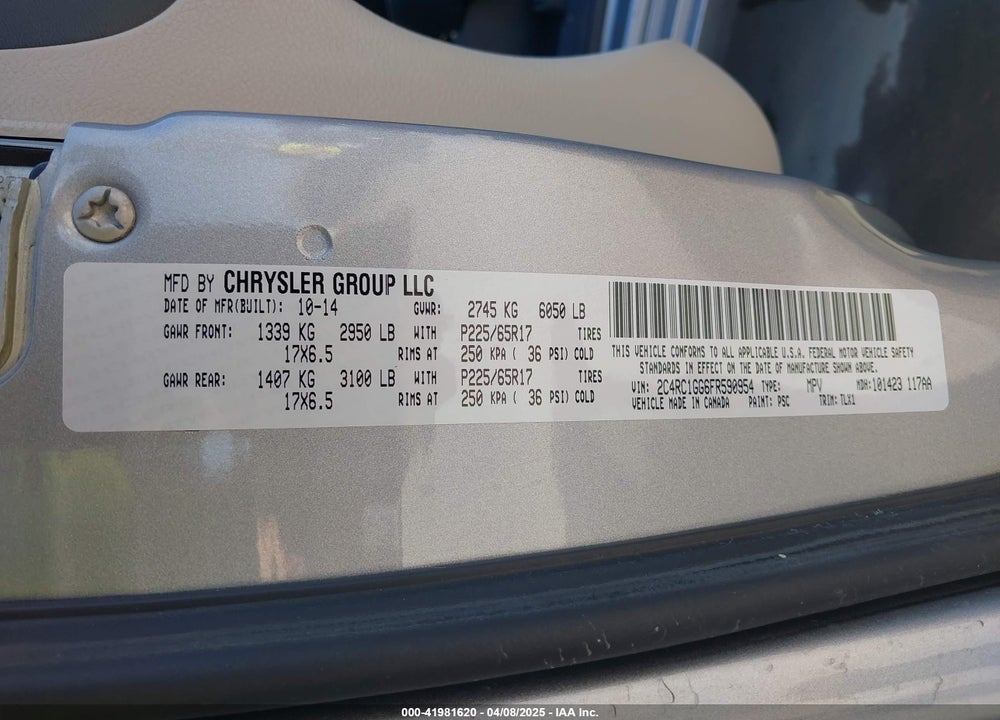 2015 CHRYSLER TOWN & COUNTRY LIMITED PLATINUM VIN: 2C4RC1GG6FR590954