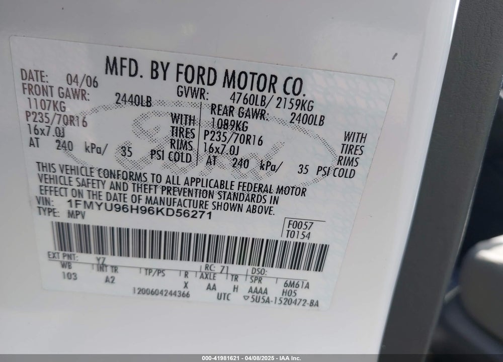2006 FORD ESCAPE HYBRID VIN: 1FMYU96H96KD56271
