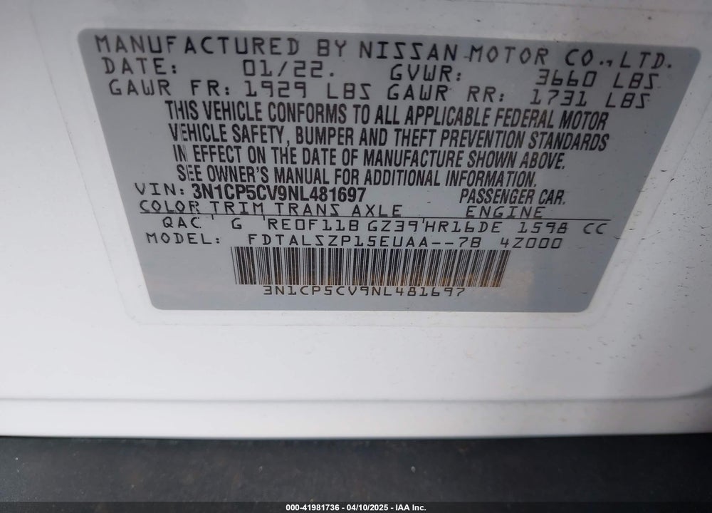 2022 NISSAN KICKS SV XTRONIC CVT VIN: 3N1CP5CV9NL481697