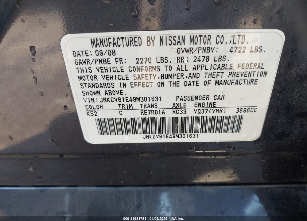 2009 INFINITI G37 VIN: JNKCV61E49M301631