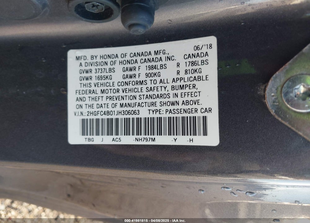 2018 HONDA CIVIC LX-P VIN: 2HGFC4B01JH306063
