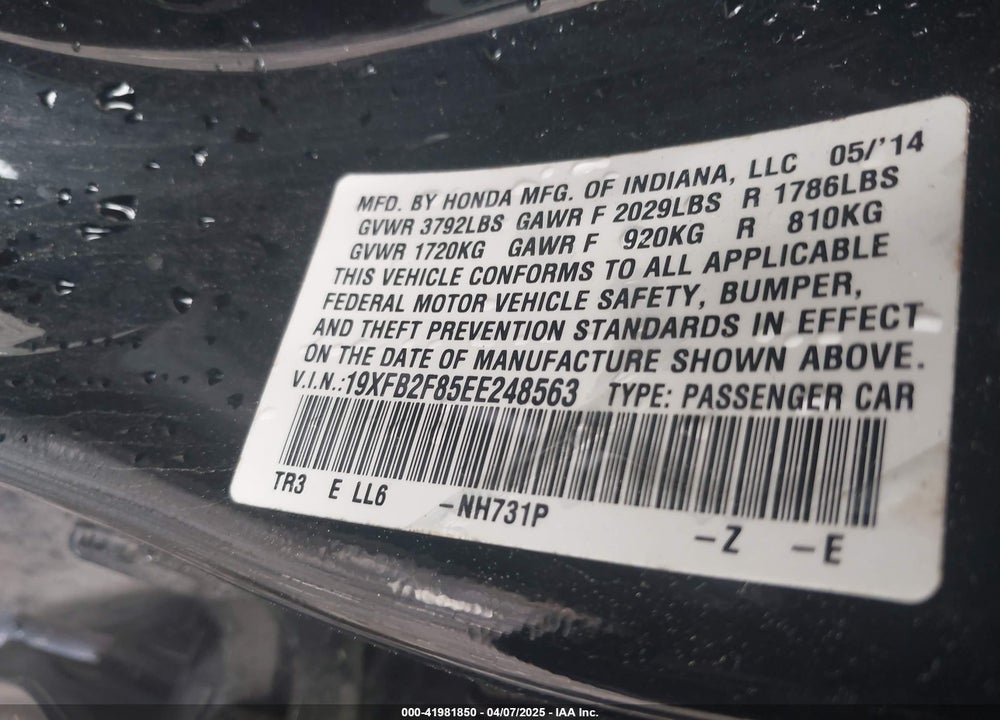 2014 HONDA CIVIC VIN: 19XFB2F85EE248563