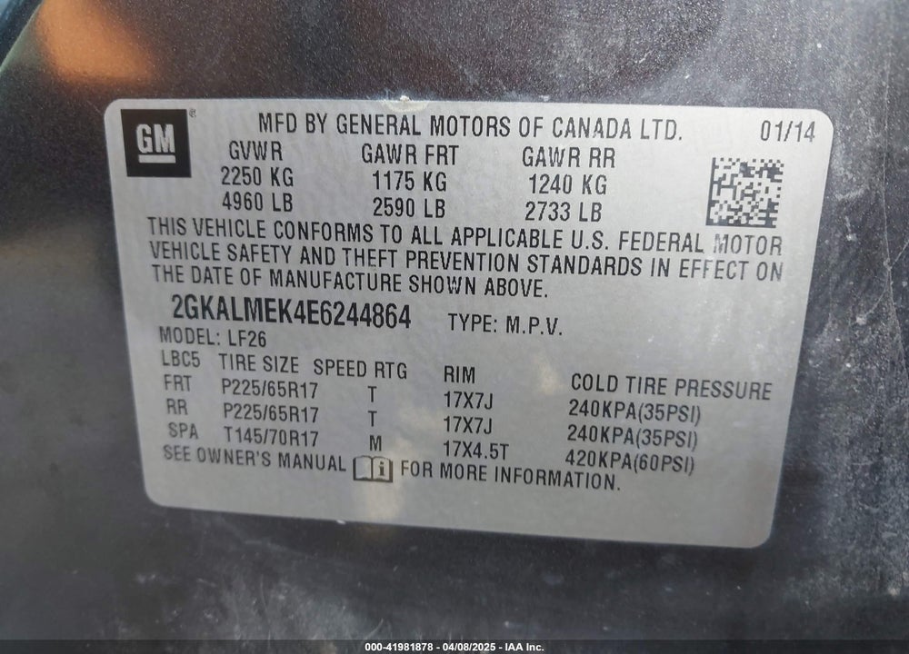 2014 GMC TERRAIN VIN: 2GKALMEK4E6244864