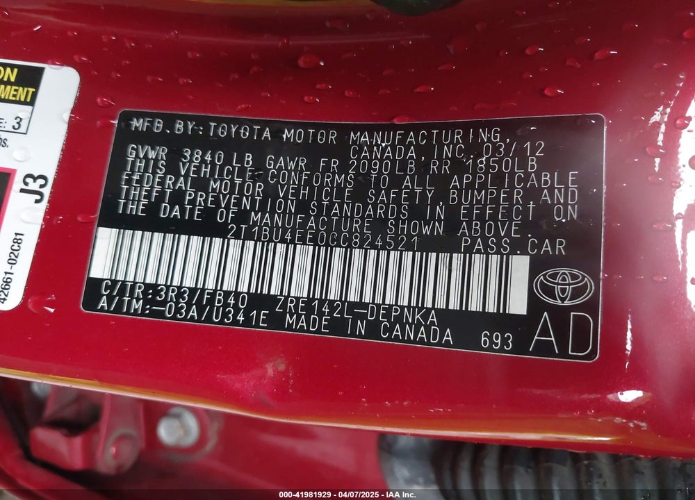 2012 TOYOTA COROLLA VIN: 2T1BU4EE0CC824521