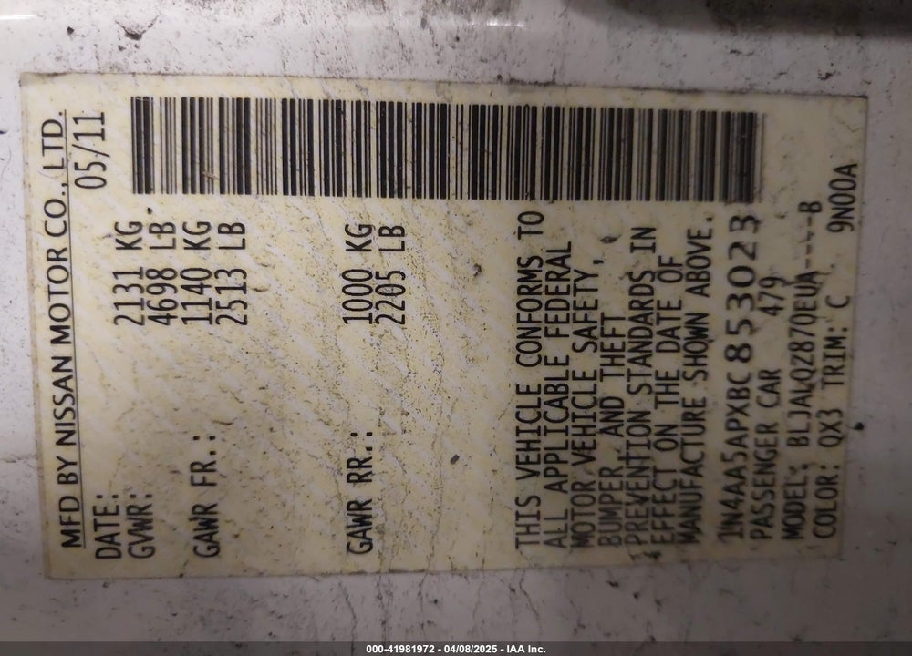 2011 NISSAN MAXIMA VIN: 1N4AA5APXBC853023
