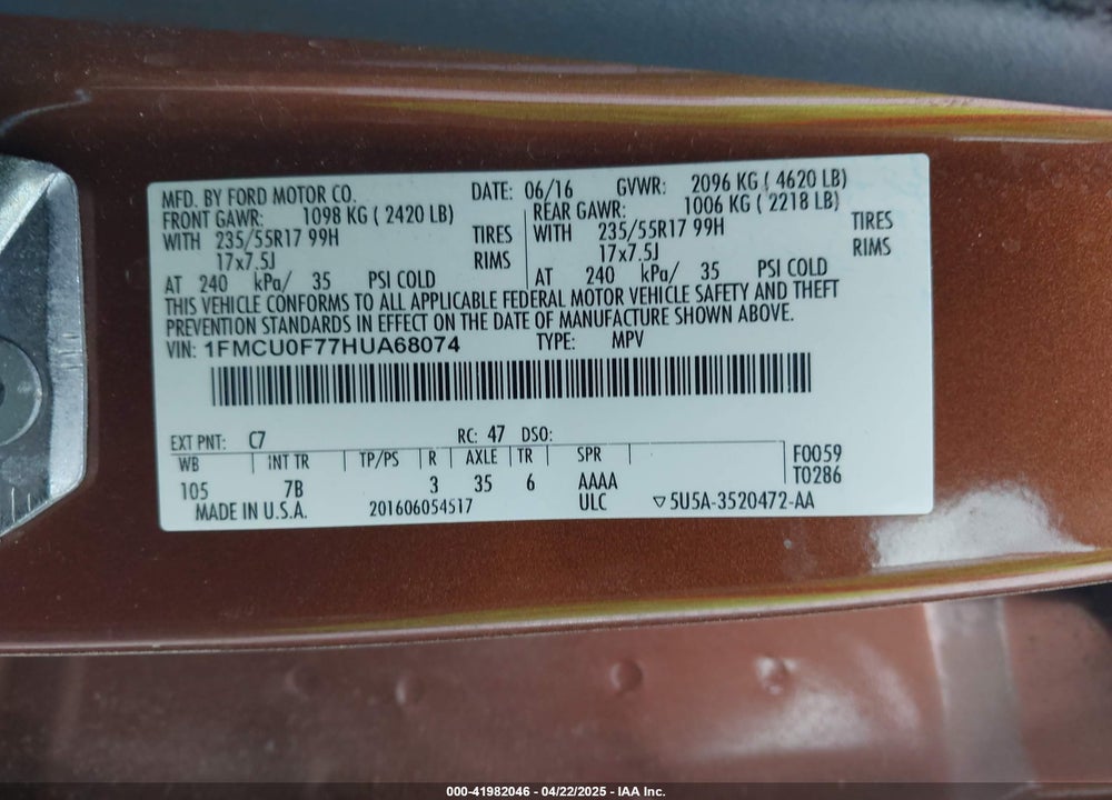 2017 FORD ESCAPE VIN: 1FMCU0F77HUA68074
