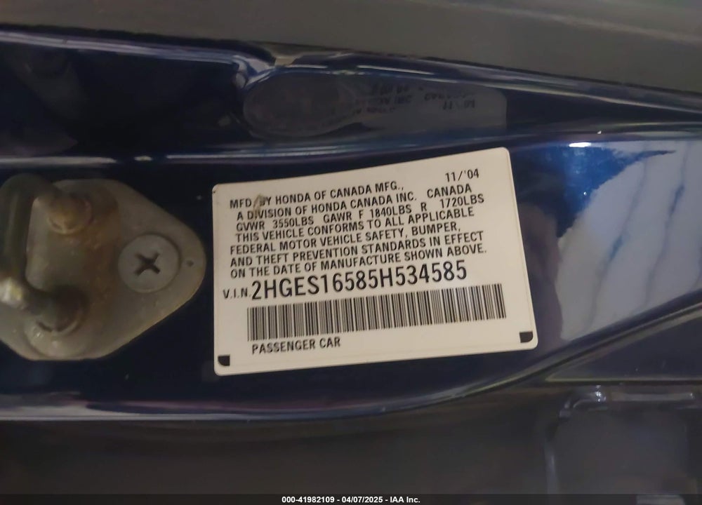 2005 HONDA CIVIC LX VIN: 2HGES16585H534585