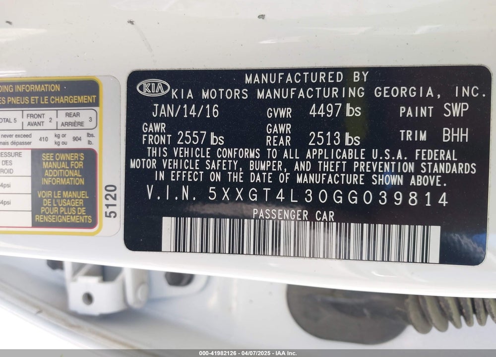 2016 KIA OPTIMA VIN: 5XXGT4L30GG039814
