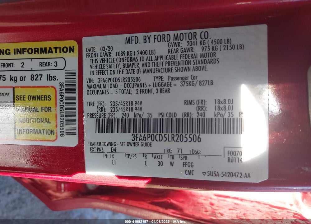 2020 FORD FUSION VIN: 3FA6P0CD5LR205506