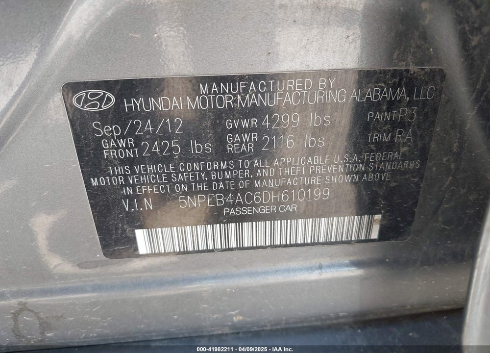 2013 HYUNDAI SONATA VIN: 5NPEB4AC6DH610199