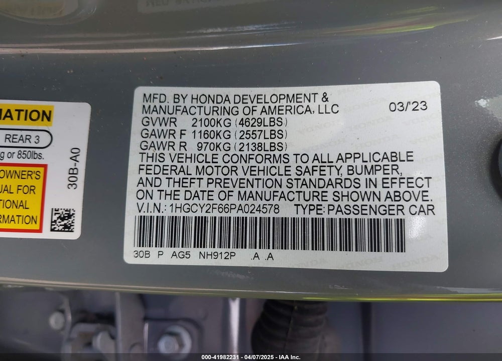 2023 HONDA ACCORD VIN: 1HGCY2F66PA024578