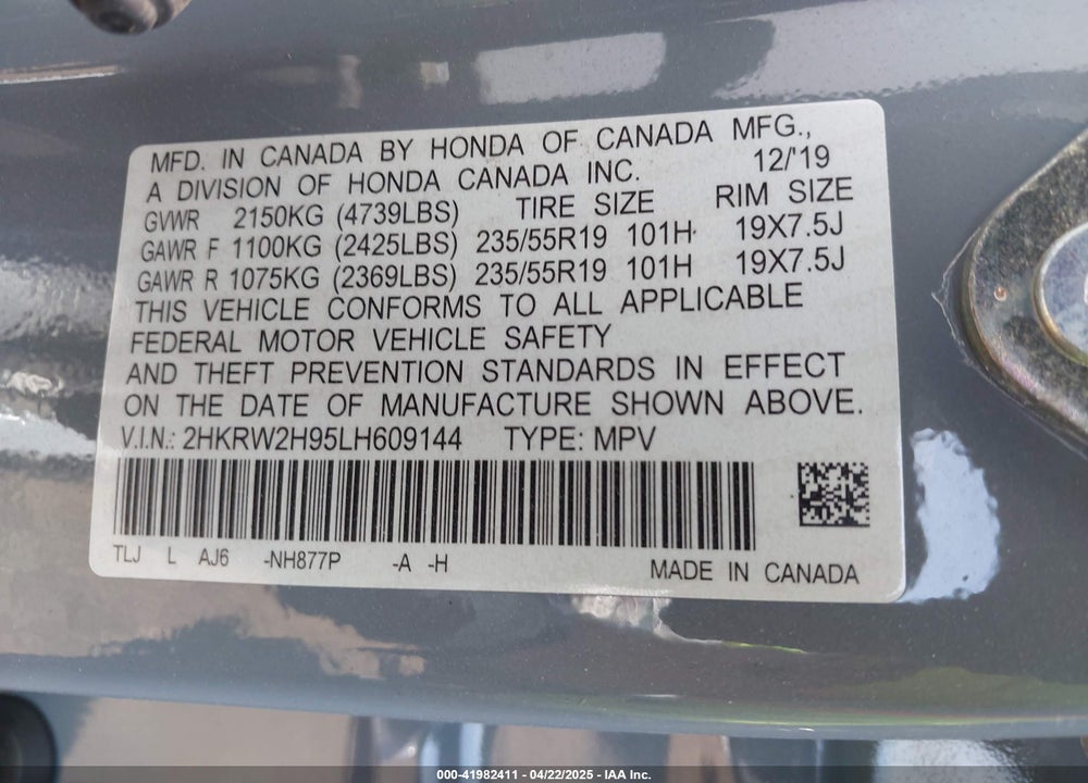 2020 HONDA CR-V VIN: 2HKRW2H95LH609144